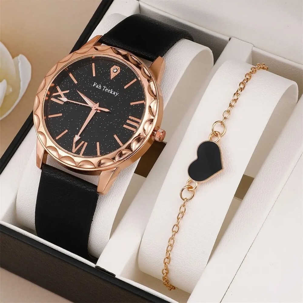 2pcs Set Ladies Watch Set Fashion Starry Sky Dial Bracelet Womens Leather Strap